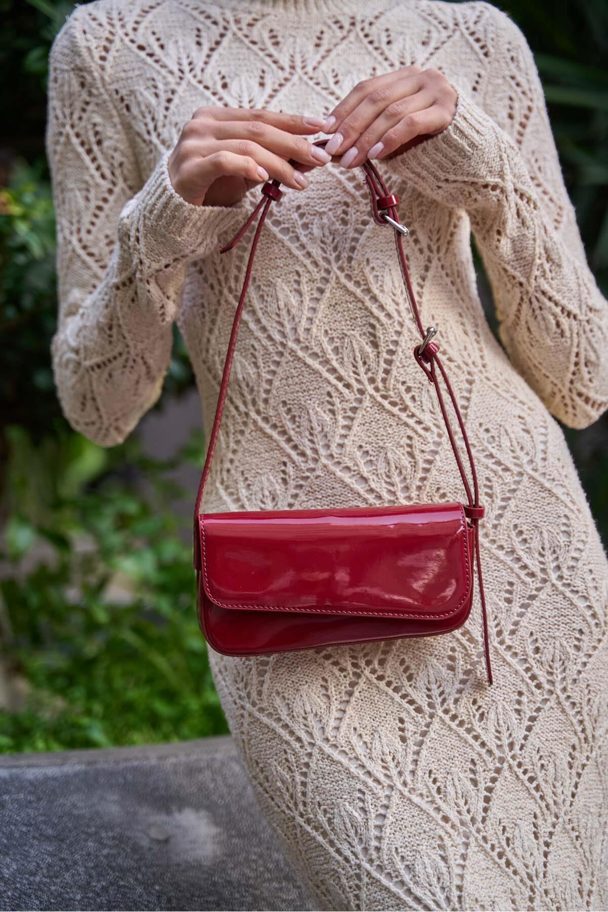 Levně Madamra Claret Red Patent Leather Women's Asymmetrical Cut Shoulder Bag