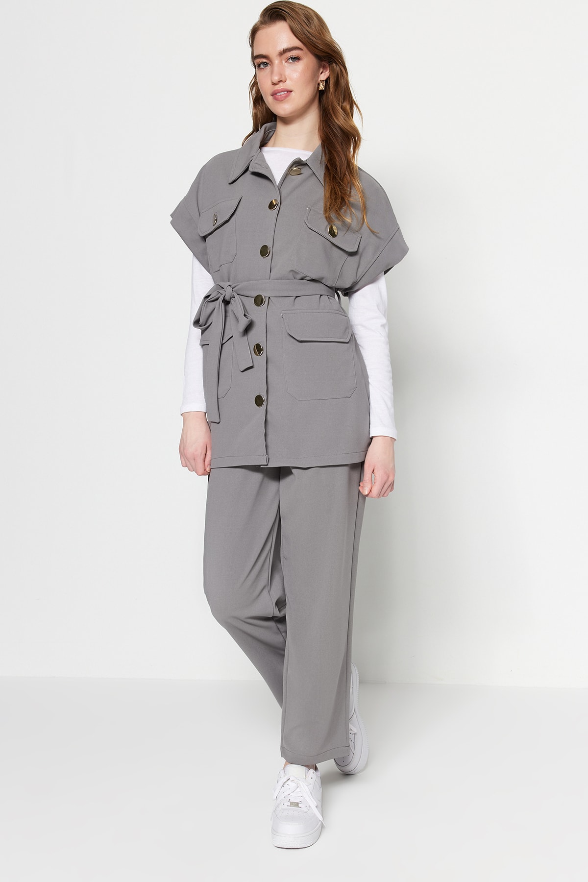 Trendyol Gray Gold Buttoned Vest-Pants Knitted Suit