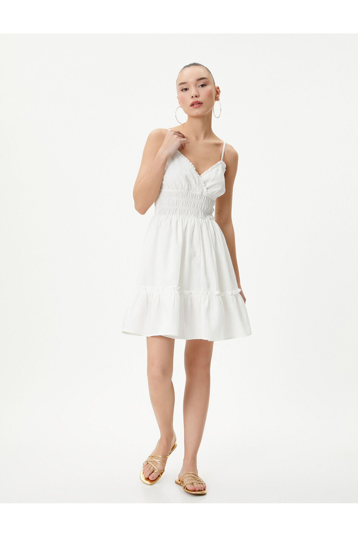 Levně Koton Strapless Mini Dress Lined Double Breasted Neck Ruffle Detailed Gimped Layered