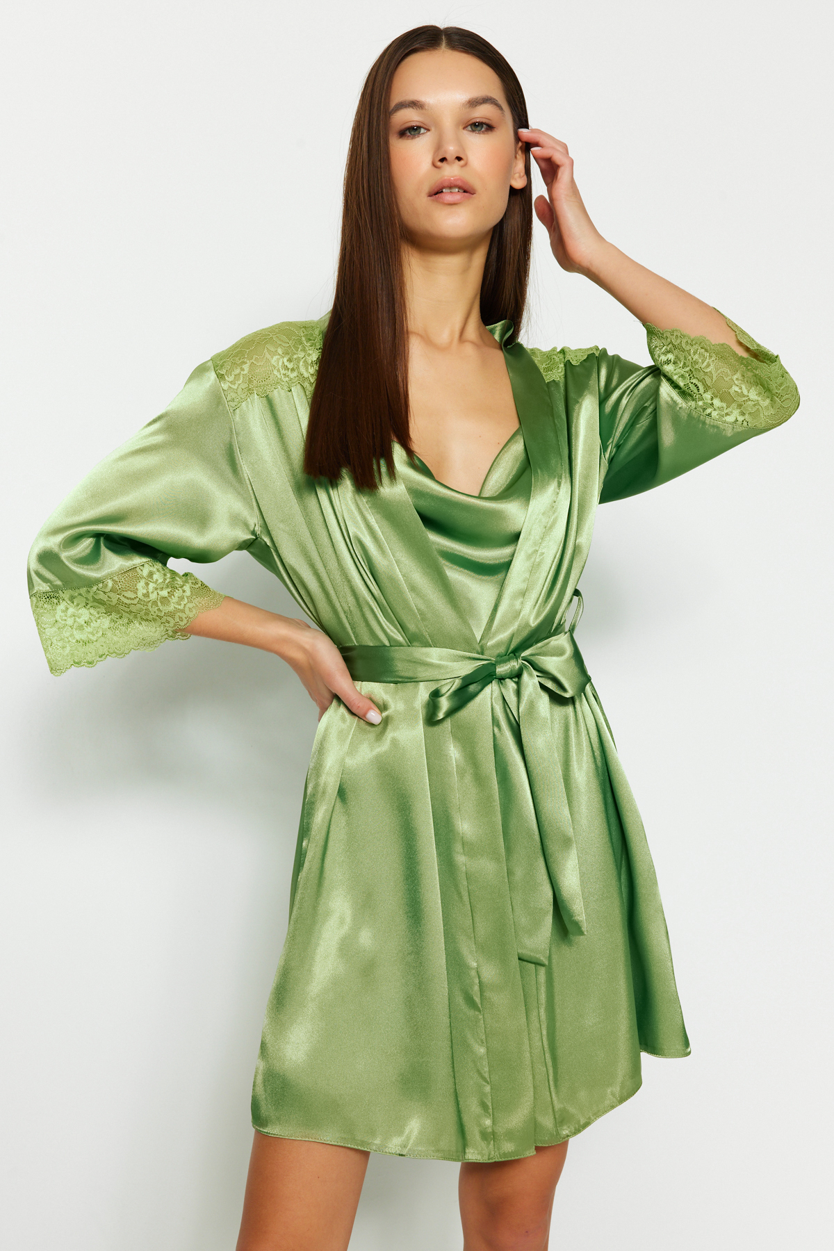 Trendyol Green Lace Detailed Belted Satin Woven Dressing Gown