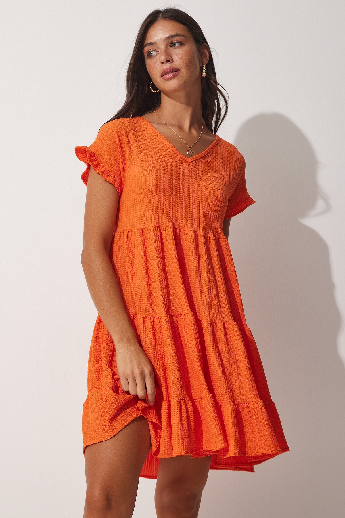 Fericire İstanbul femei portocaliu V-Neck volane Flare tricotat rochie de vară tricotat de vară