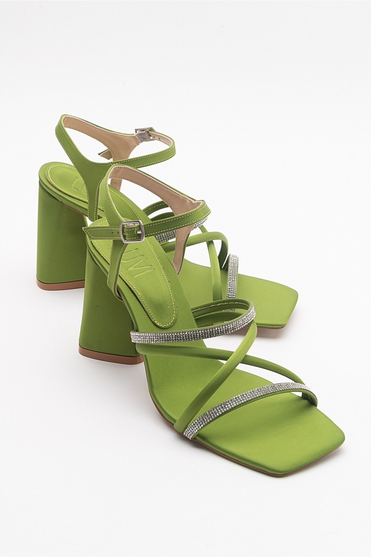 LuviShoes Vivid Women's Green Satin Heeled Shoes