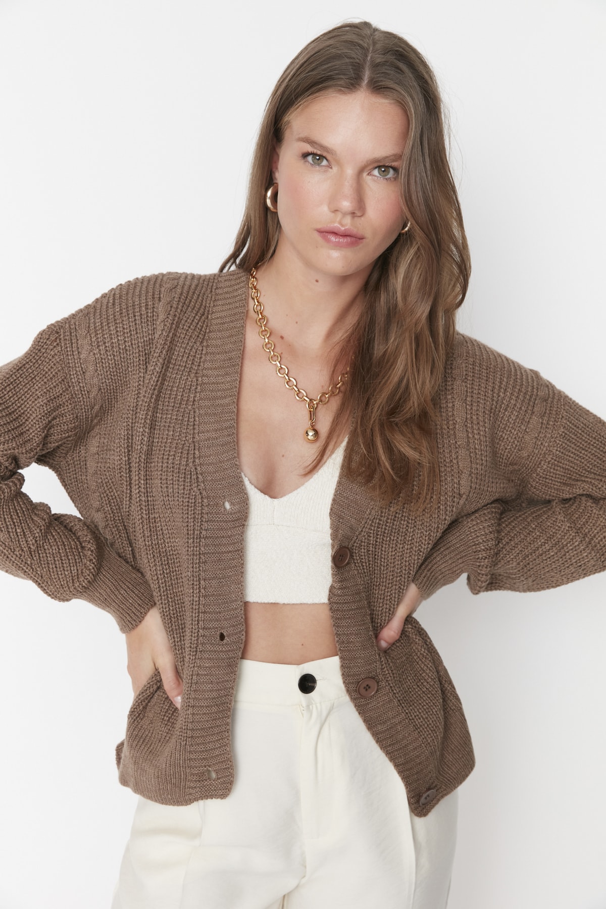 Trendyol Brown Knit Detailed Knitwear Cardigan