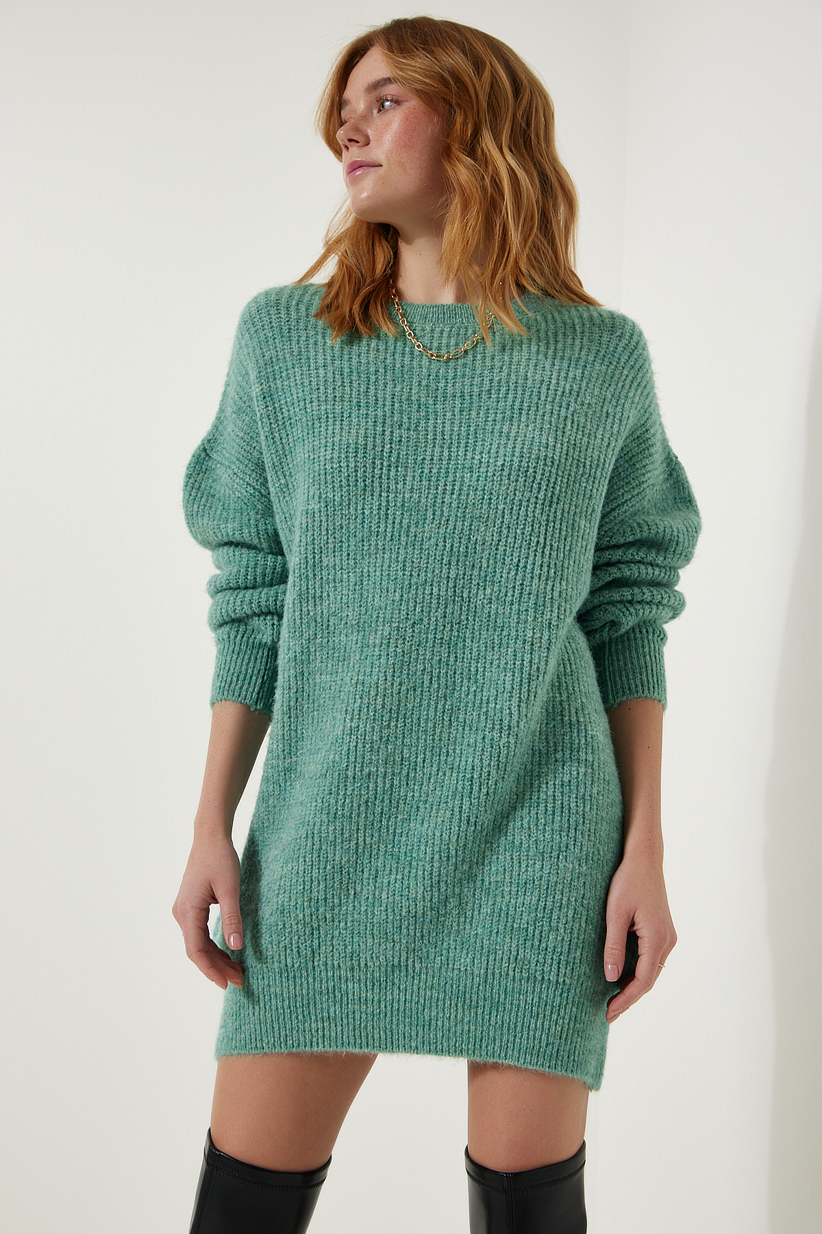 Levně Happiness İstanbul Women's Aqua Green Oversize Long Basic Knitwear Sweater