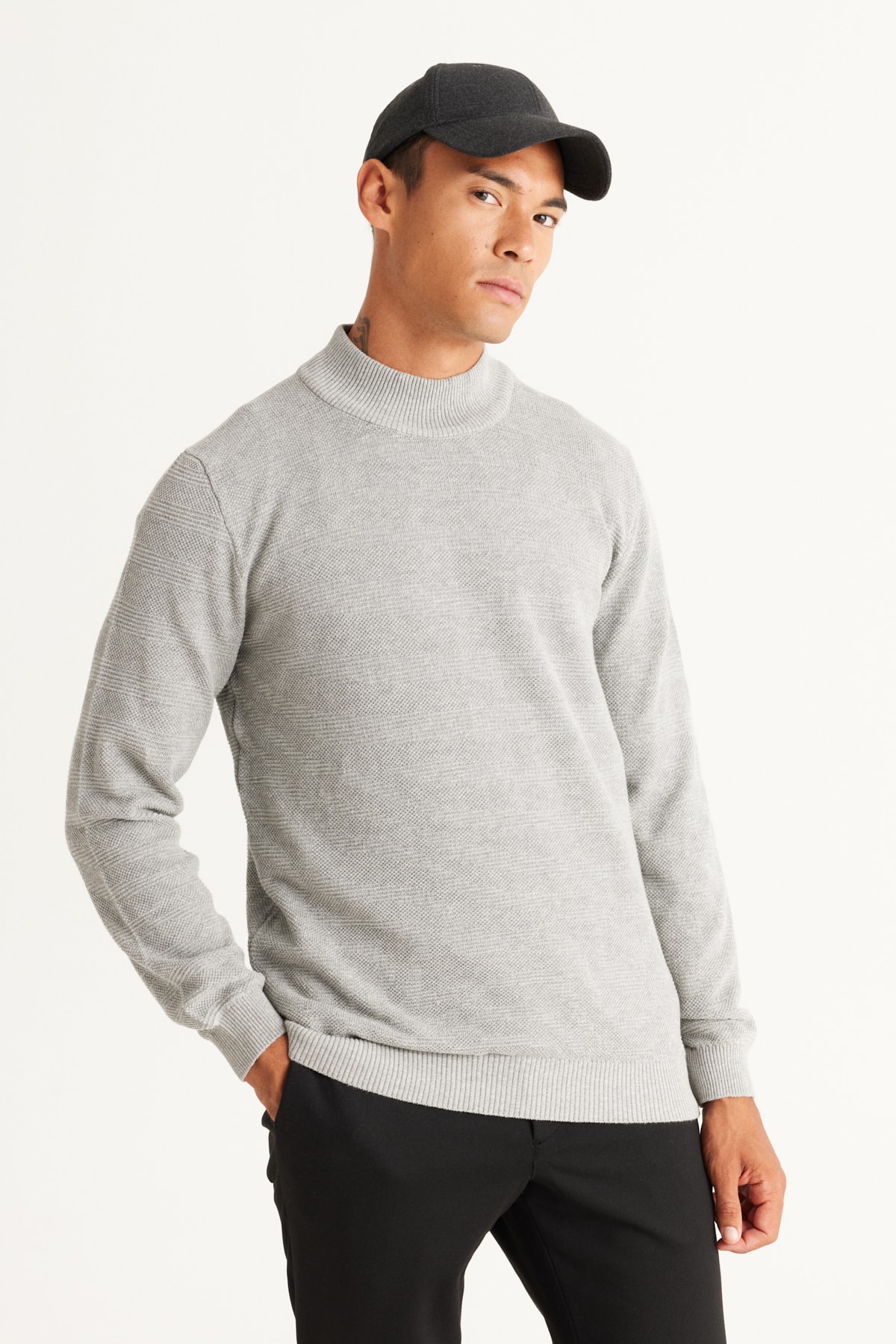 Levně AC&Co / Altınyıldız Classics Men's Gray Melange Standard Fit Regular Cut Half Turtleneck Cotton Jacquard Knitwear Sweater
