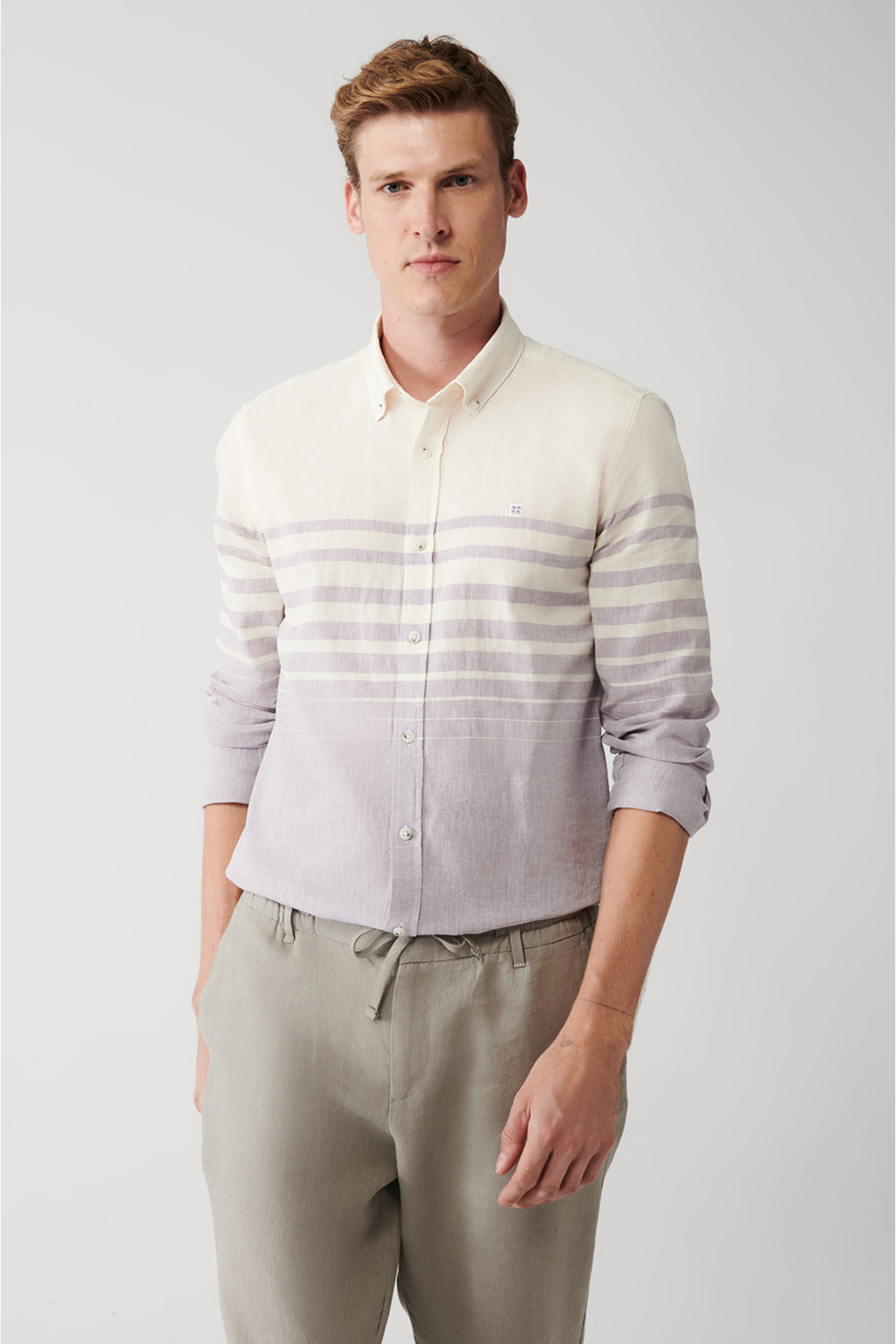Avva Men's Light Purple Cotton Linen Blend Buttoned Collar Striped Slim Fit Slim Fit Shirt