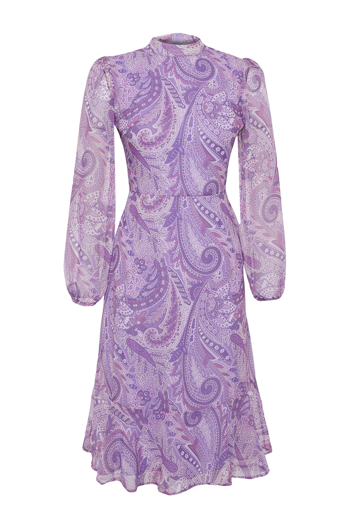 Trendyol Lilac Shawl Patterned Lined Flounced Chiffon Midi Woven Dress