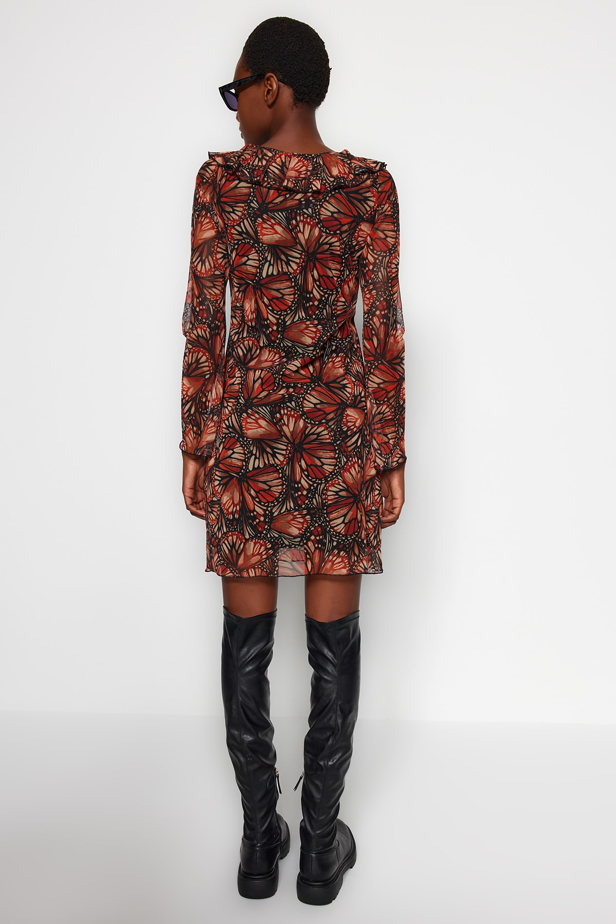 Rochie mini patinatoare cu imprimeu maro Trendyol Brown Tulle/Rochie tricotată în talie cu detaliu cravată