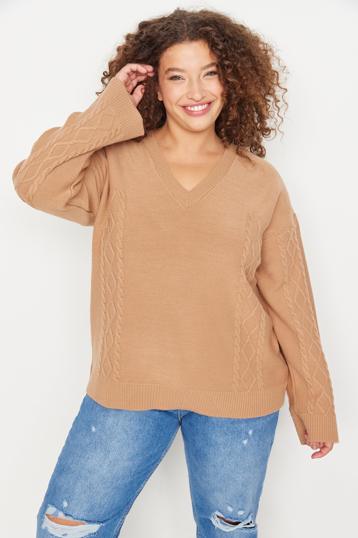 Trendyol Curve Plus Size Sweater - Brown - Regular fit