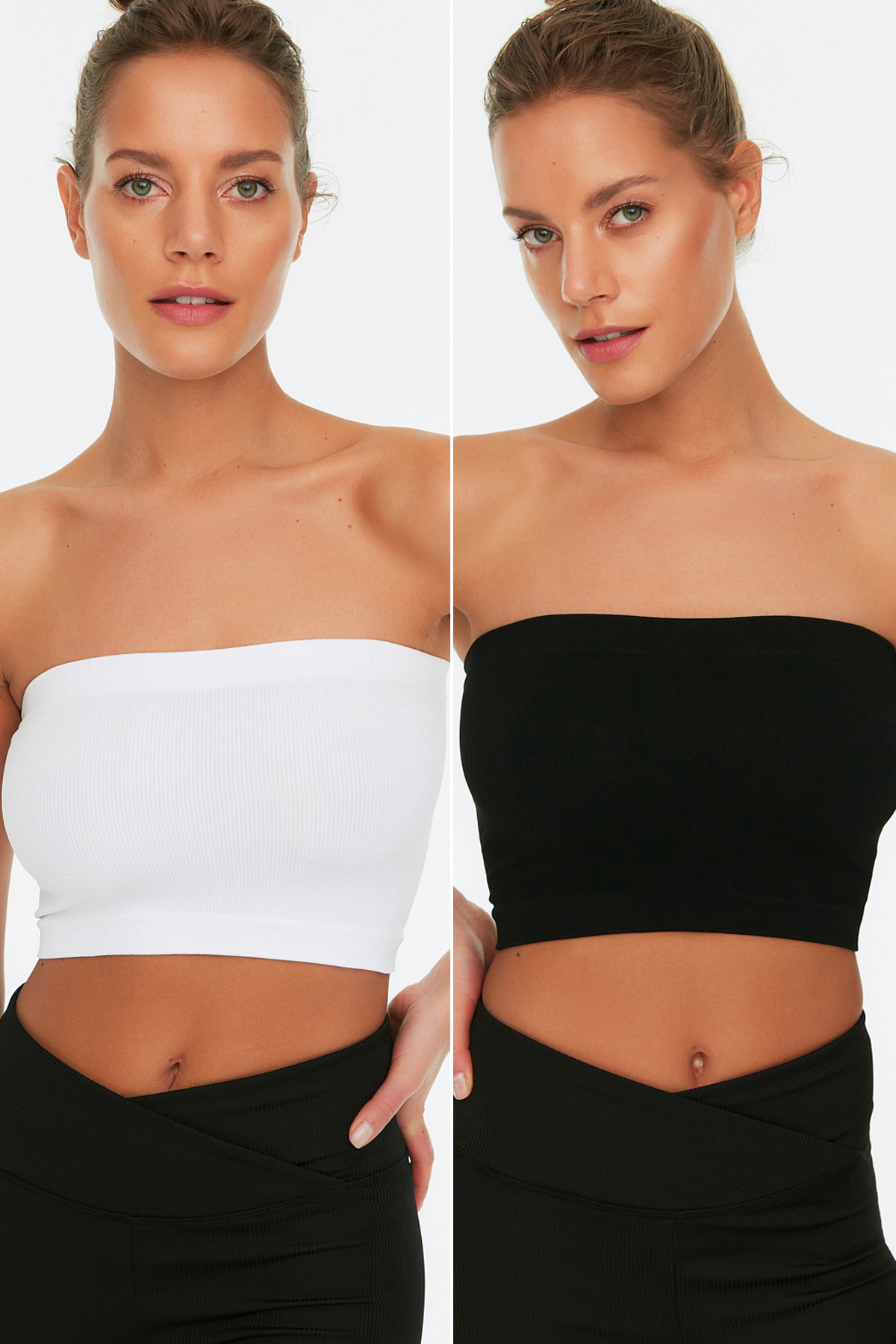 Levně Trendyol Black-White 2-Pack Seamless/Seamless Ribbed Strapless Knitted Sports Bra