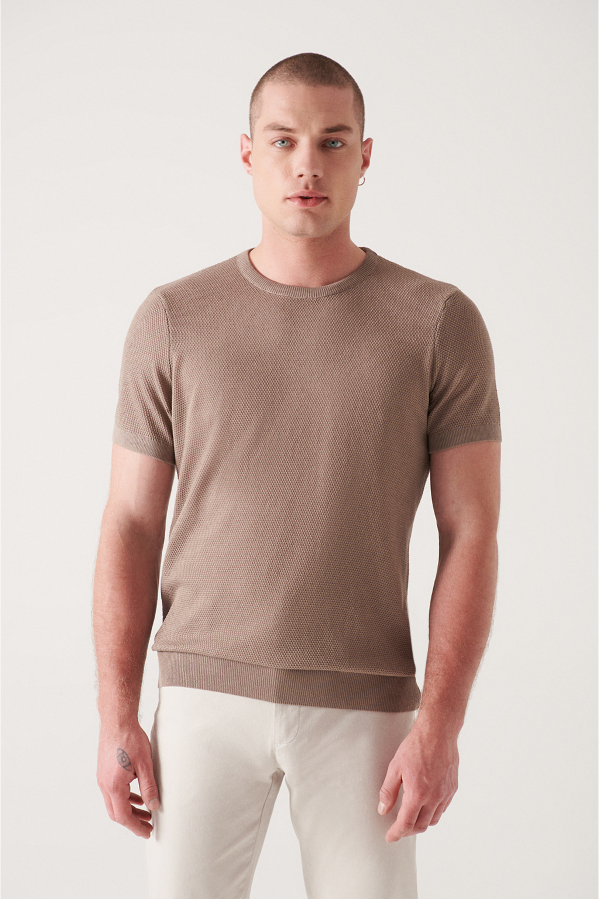 Avva Men's Mink Textured Slim Fit Slim Fit Knitwear T-shirt