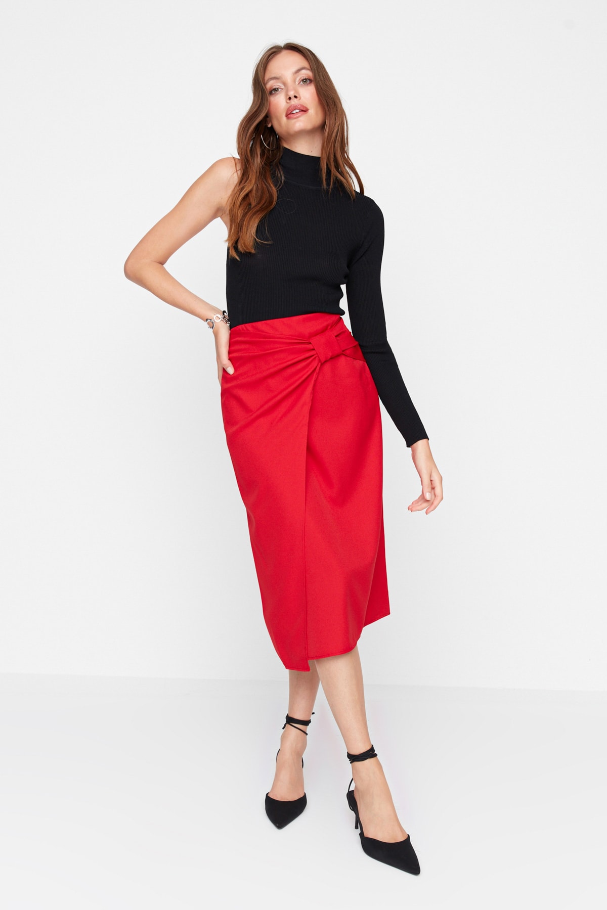 Trendyol Red Waist Detail Double Breasted Woven Skirt