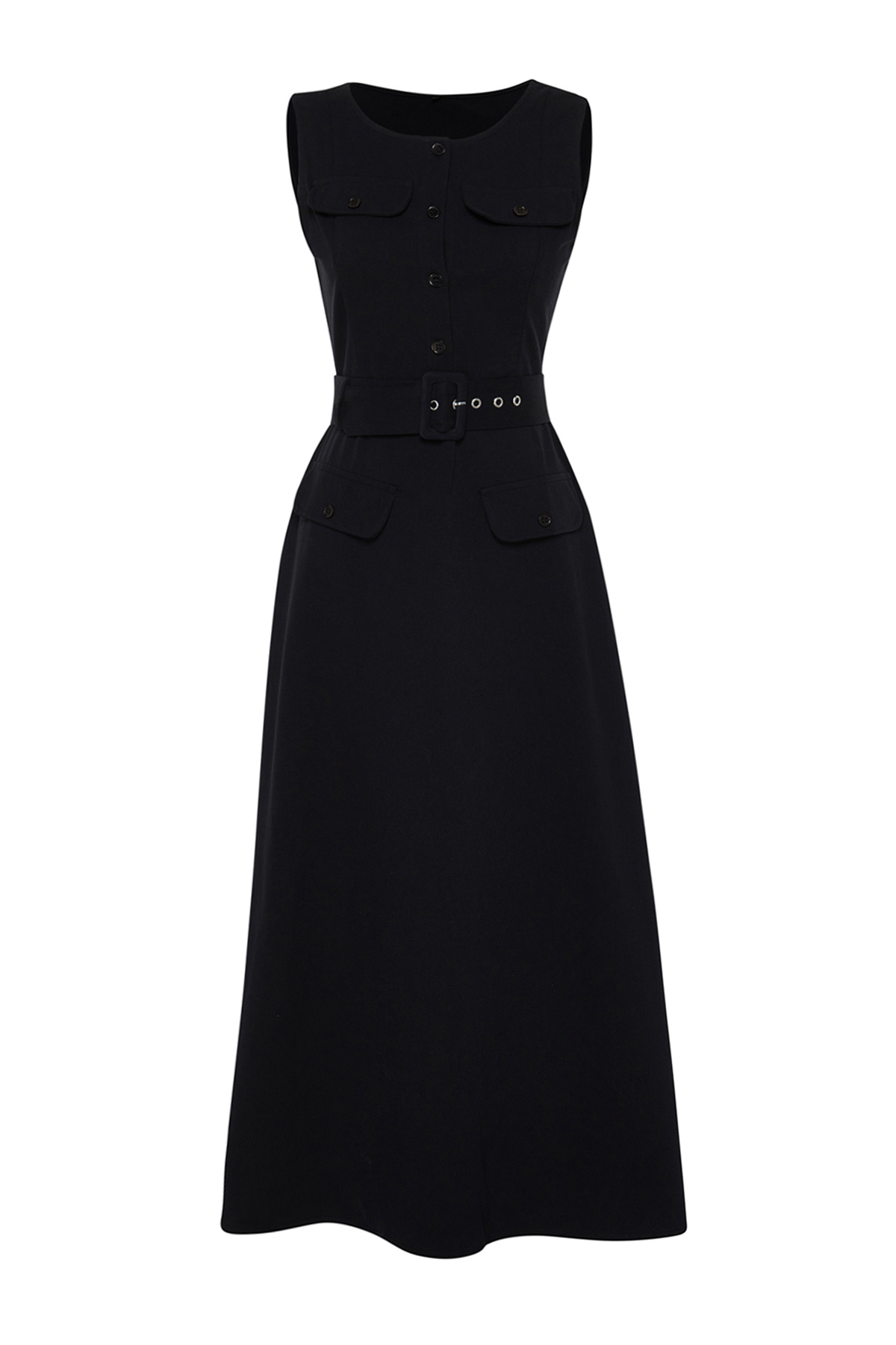Trendyol Black Gabardine Sash Detailed Sleeveless Woven Gilet Dress