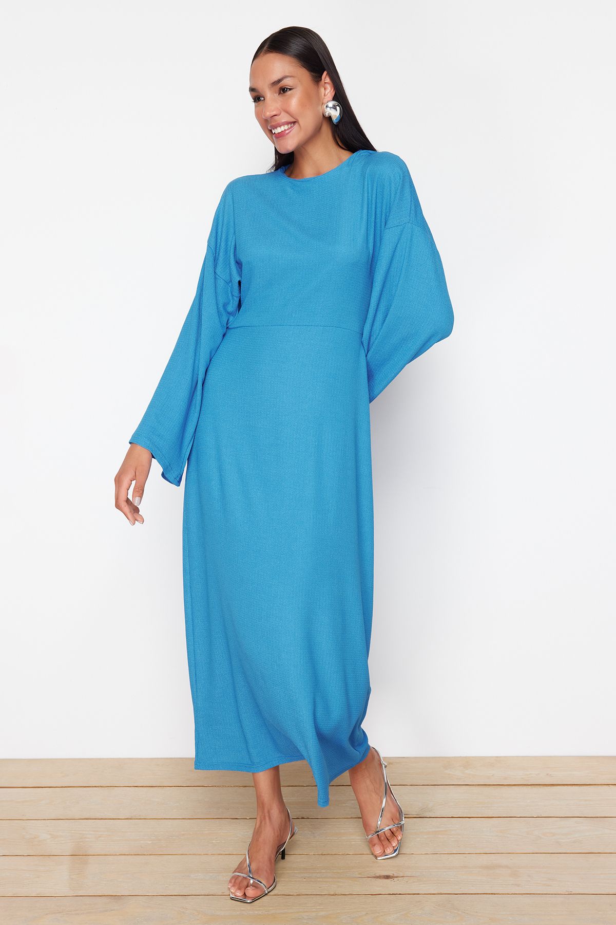 Trendyol Blue Spanish Sleeve Wrap/Textured Knitted Dress