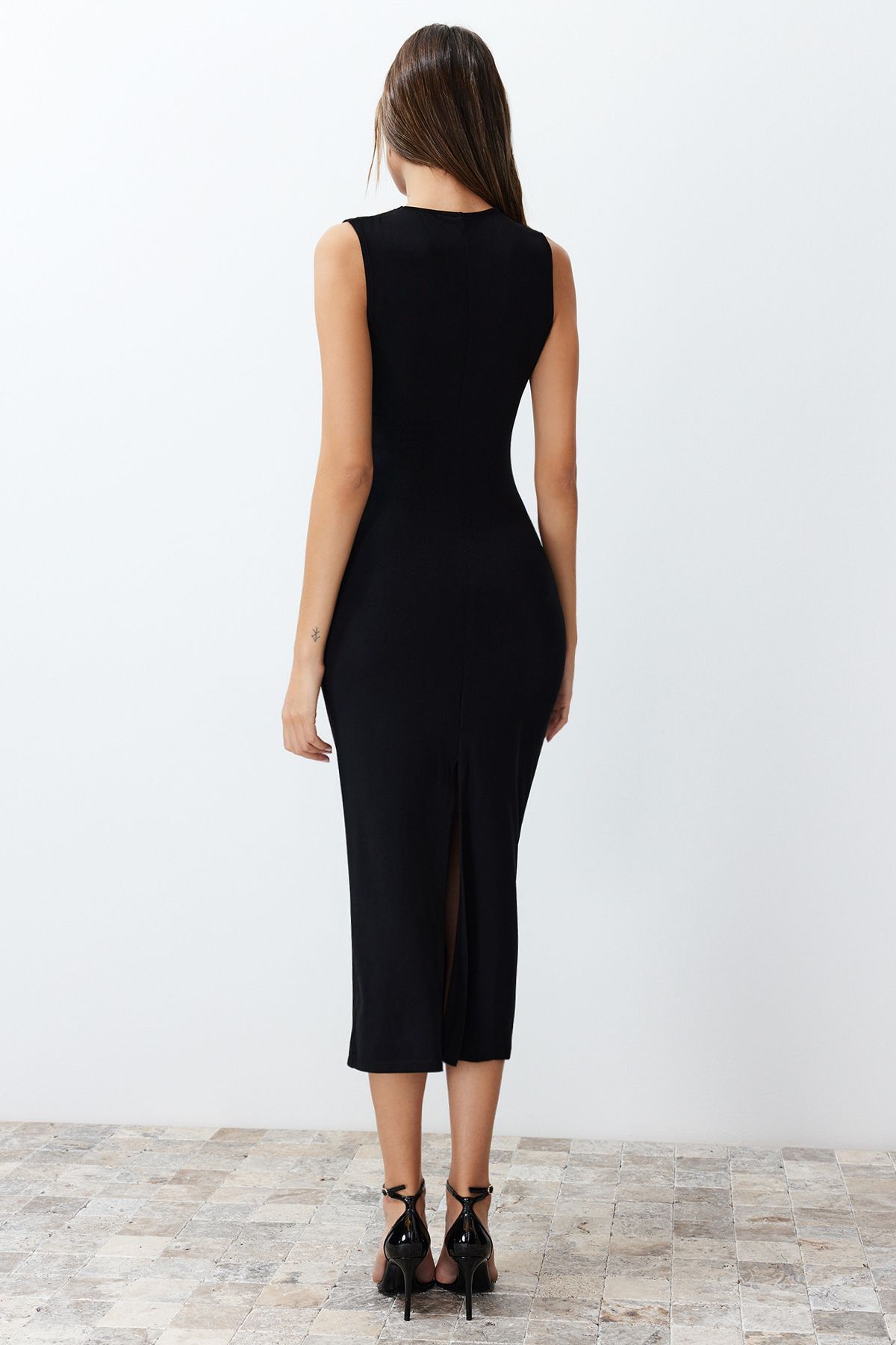 Trendyol Black Fitted Draped Knitted Elegant Evening Dress