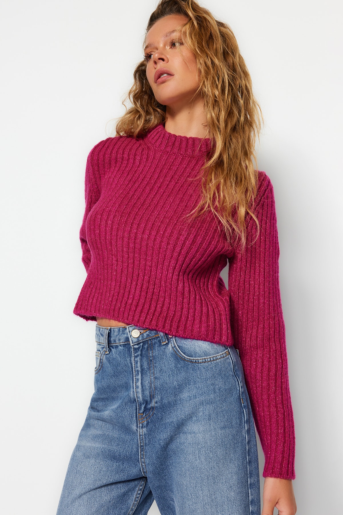 Trendyol Fuchsia Crop Basic Knitwear Sweater