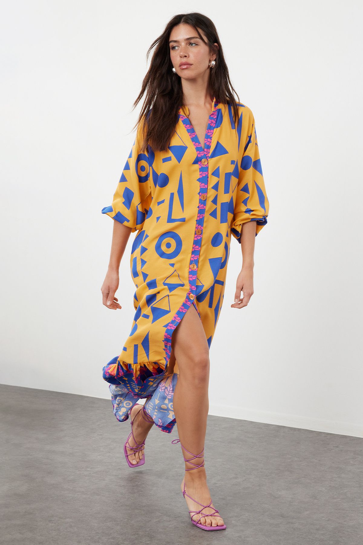Trendyol Orange Printed Midi Wide Bow Border Pattern Detail Woven Dress Woven Dress