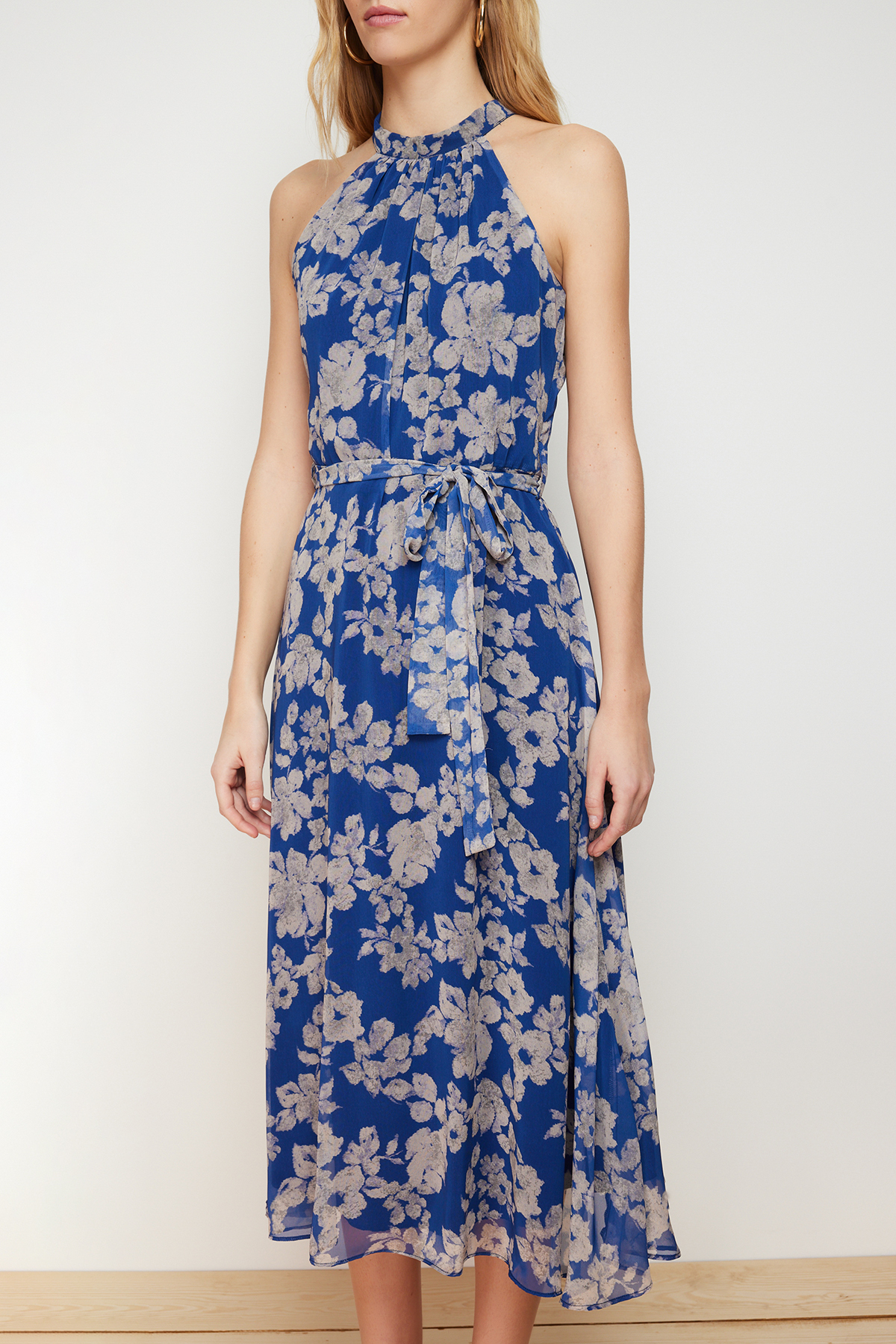 Trendyol Navy Blue Floral Print Belted A-line Halter Neck Sleeveless Midi Lined Woven Dress