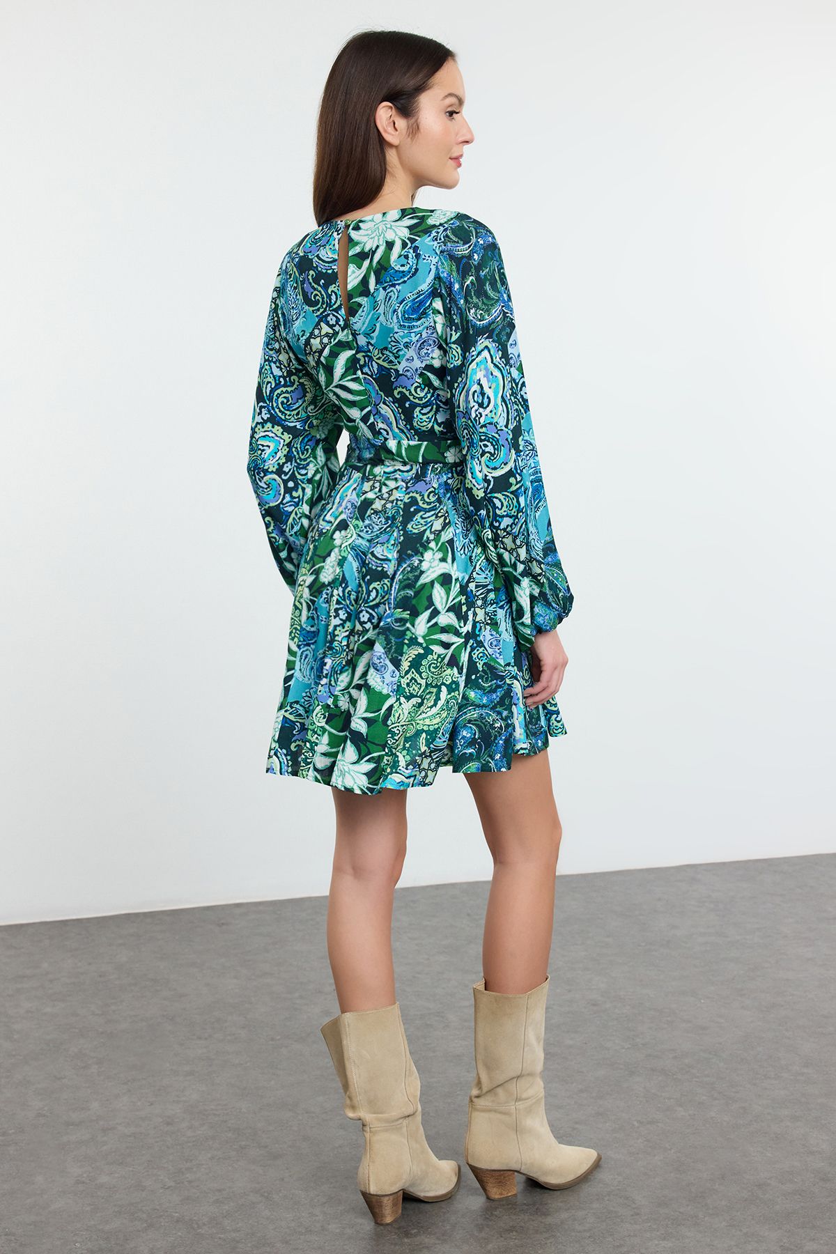 Trendyol Green Belted Floral Mini Woven Dress