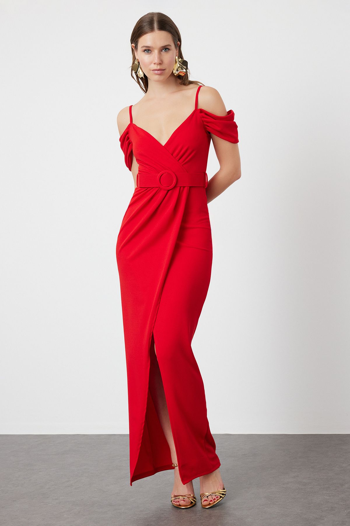 Trendyol Red Belt Detailed Woven Long Evening Dress