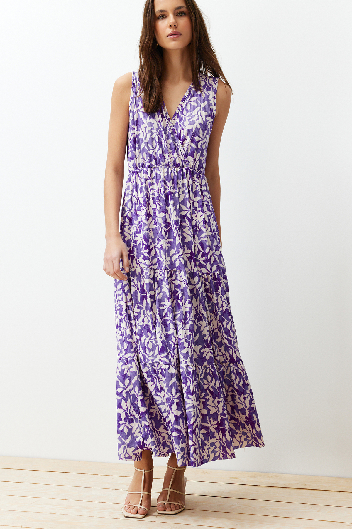 Trendyol Dark Purple Floral A-line V-Neck Sleeveless A-Line Polyester Camisole Maxi Dress