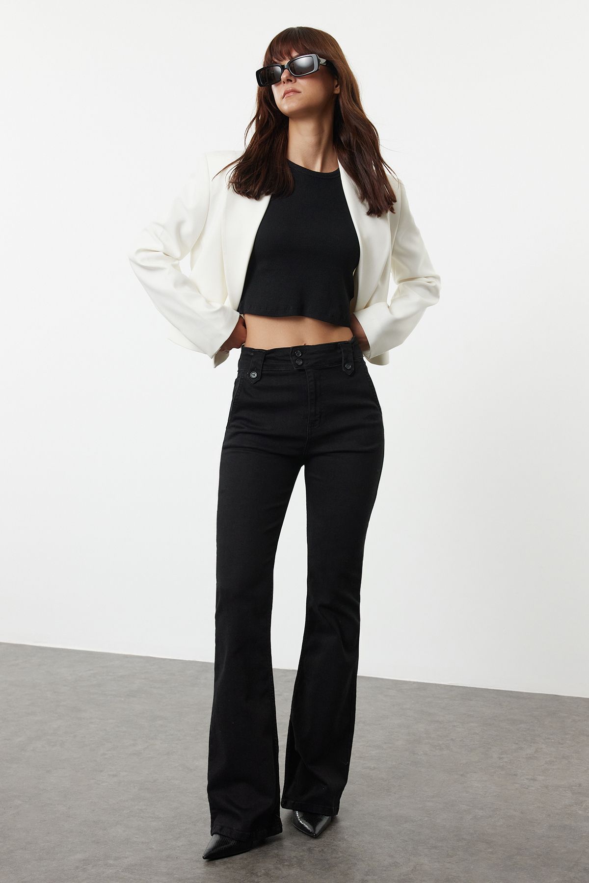 Trendyol Black Waist Detailed High Waist Flare Jeans