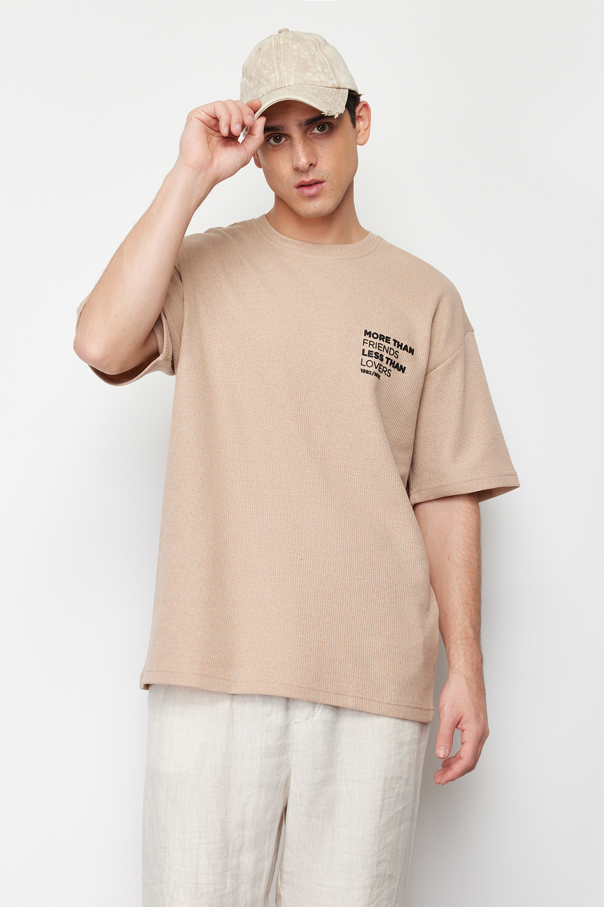 Levně Trendyol Beige Oversize/Wide-Fit Ruffle Text Printed Label Textured Waffle T-Shirt