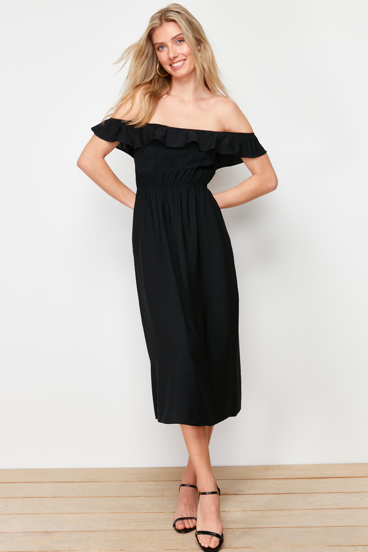 Trendyol Black Straight Cut Carmen Collar Linen Look Maxi Woven Dress