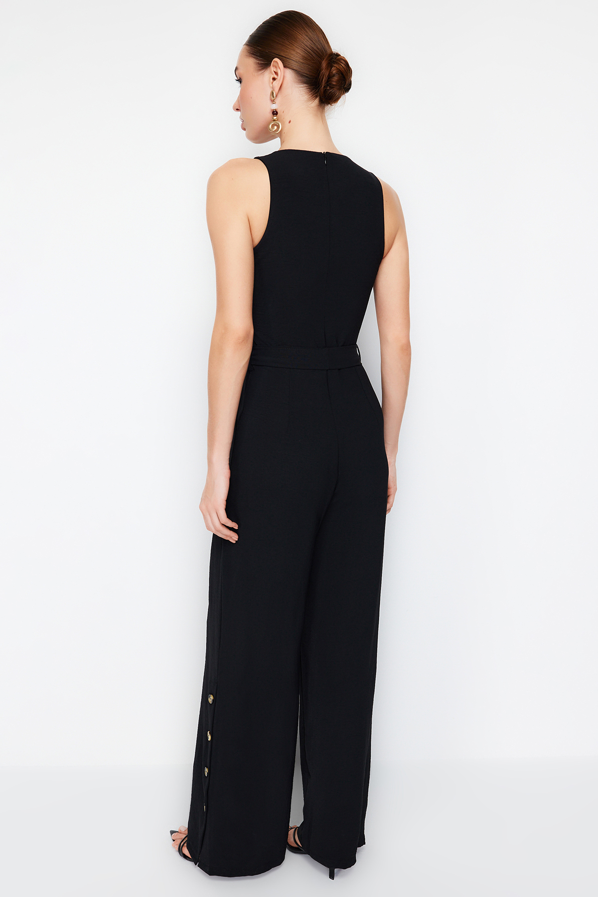 Trendyol Black Belted Snap Detailed Wide Leg Maxi Woven Jumpsuit
