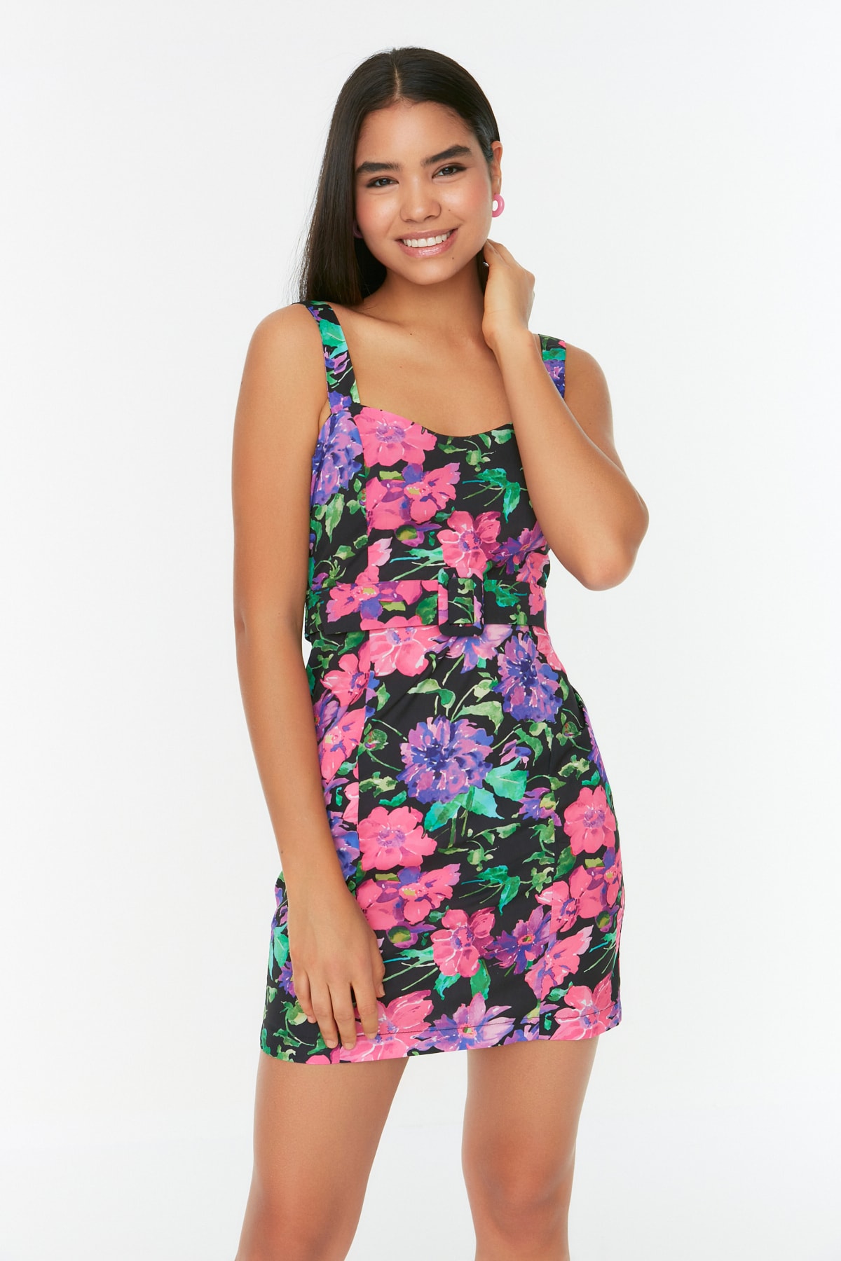 Trendyol Black Floral Pattern Strappy Woven Dress