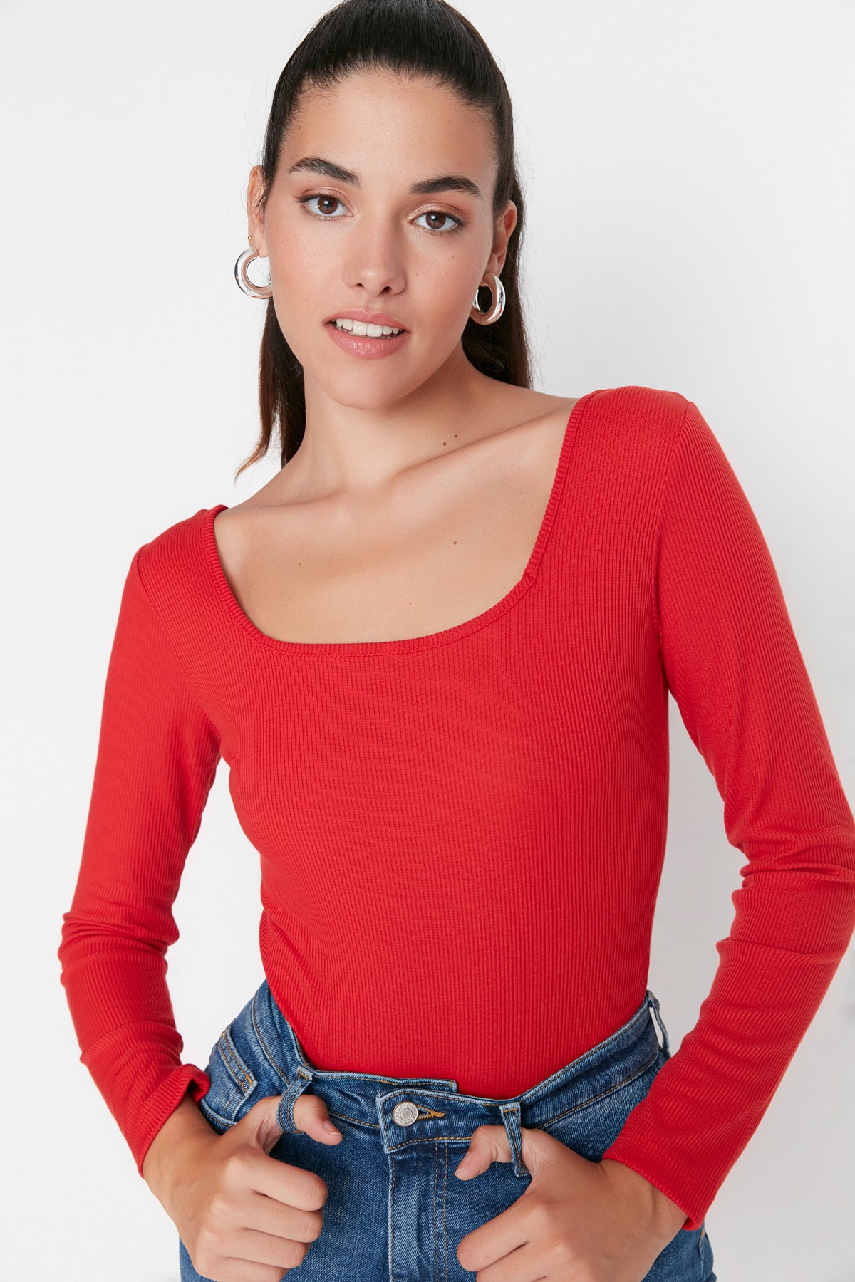 Trendyol Red are Collar Long Sleeve Ribbed Flexible Snap Fastener Knitted Body