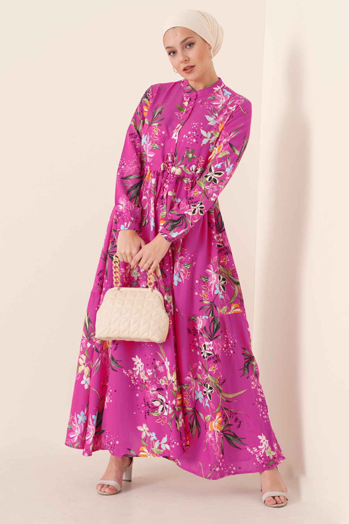 Bigdart 2144 K. Ružové vzorované hidžábové šaty s veľkým golierom