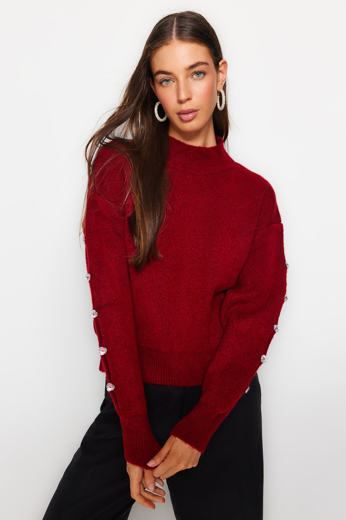 Trendyol Burgundy Soft Textured Button Detailed Knitwear Sweater
