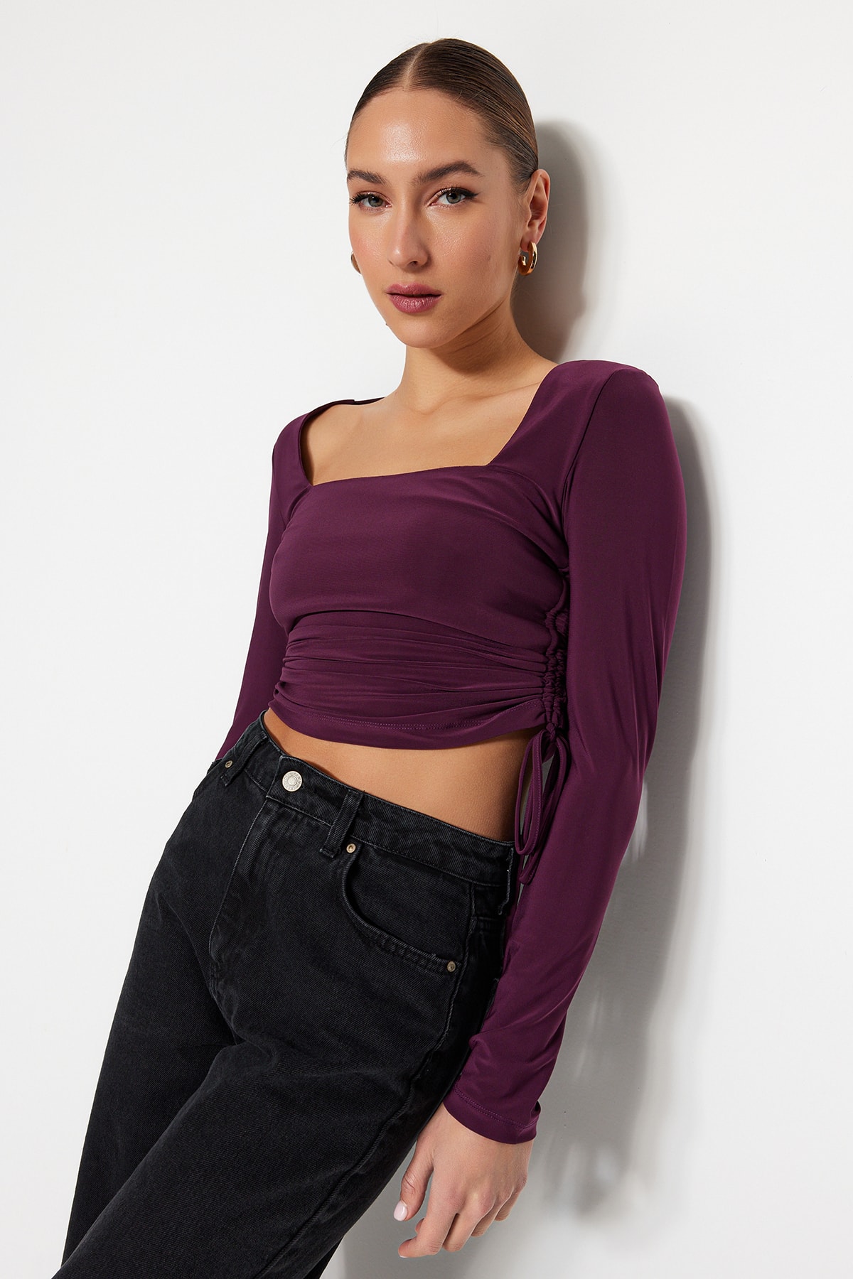 Trendyol Purple Square Collar Shirring Detail Fitted/Slippery Knitted Blouse with Crop