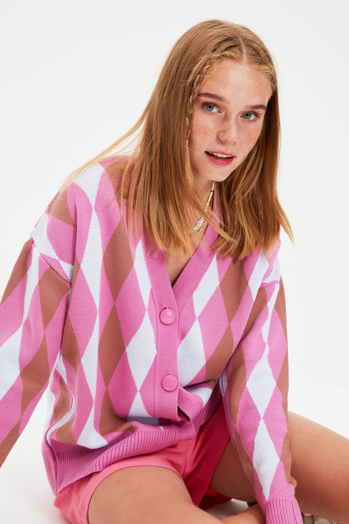 Trendyol Pink Jacquard Oversize Knitwear Cardigan