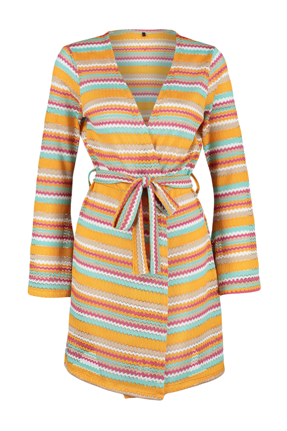 Trendyol Geometric Patterned Belted Mini Knitted Kimono&amp;Kaftan