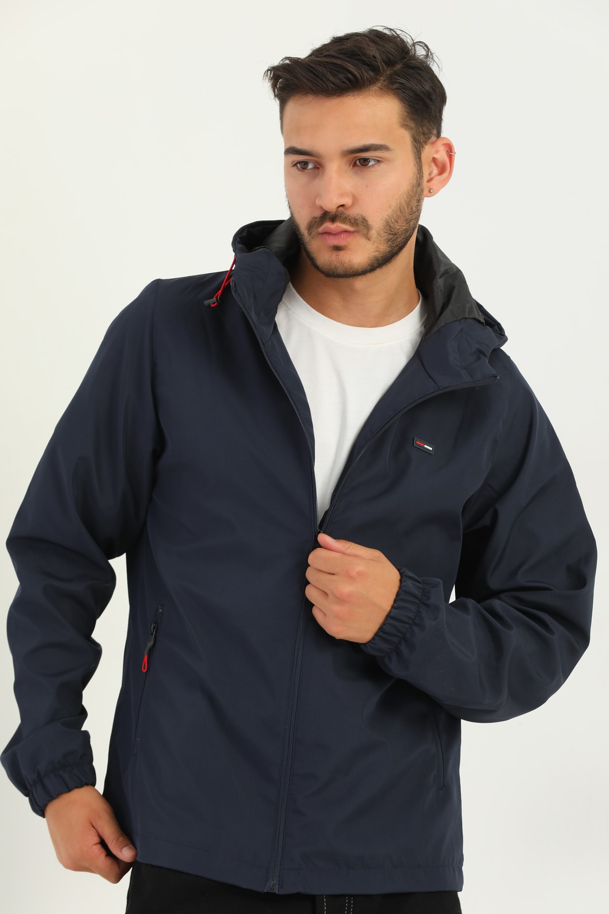 Levně D1fference Men's Navy Blue Inner Lined Waterproof And Windproof Hooded Pocket Sports Raincoat