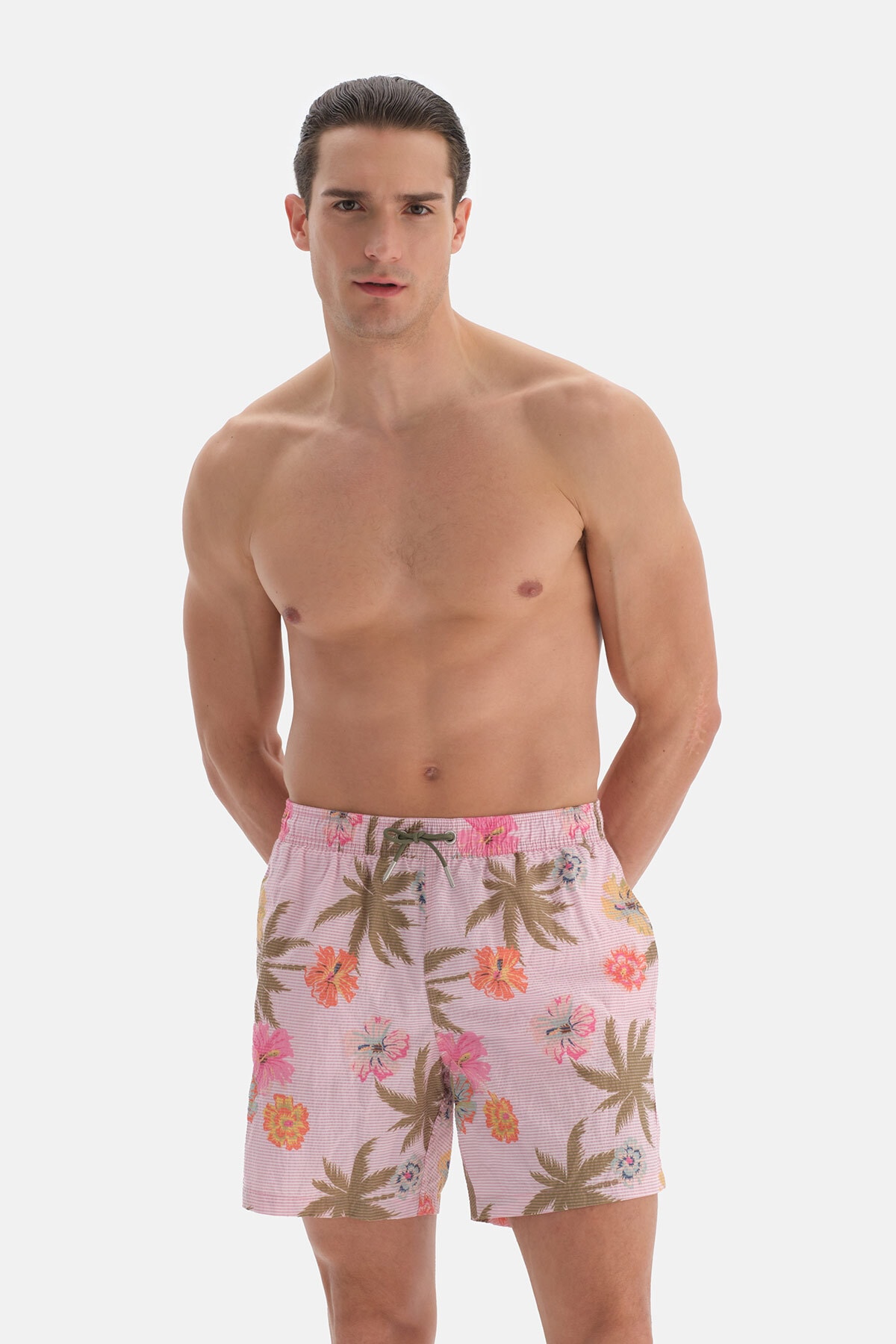 Dagi Pink Striped Flower Design. Medium Shorts