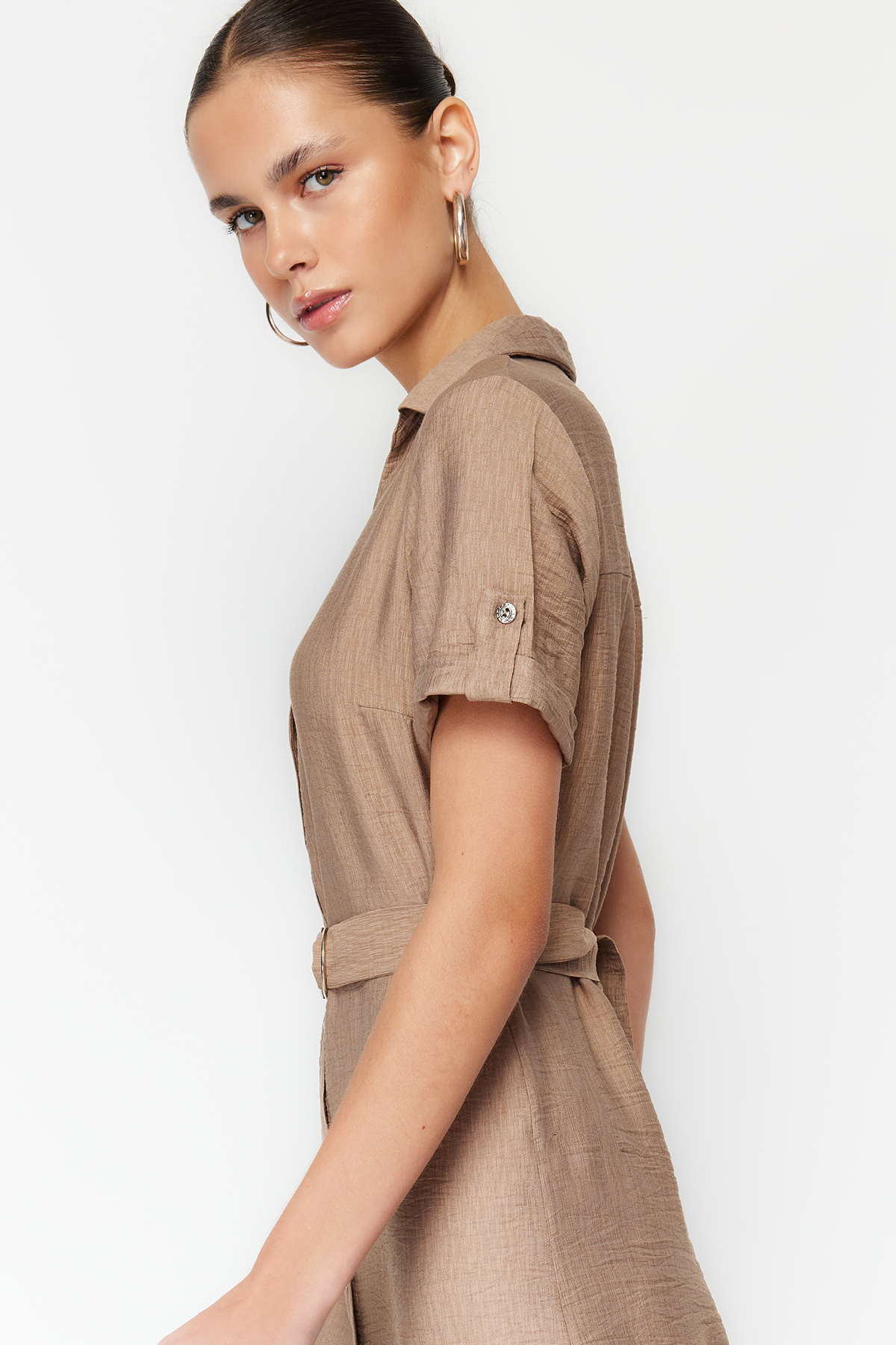 Trendyol Mink Belted Midi Woven Shirt Dress
