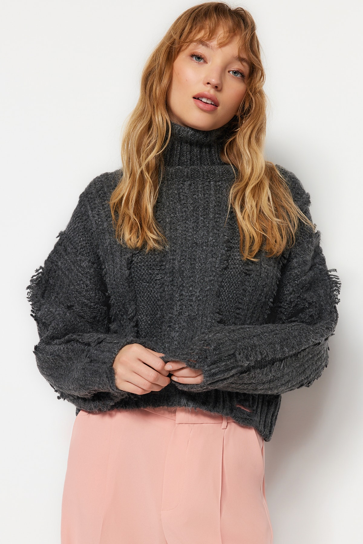 Trendyol Anthracite Crop Soft Textured Turtleneck Knitwear Sweater