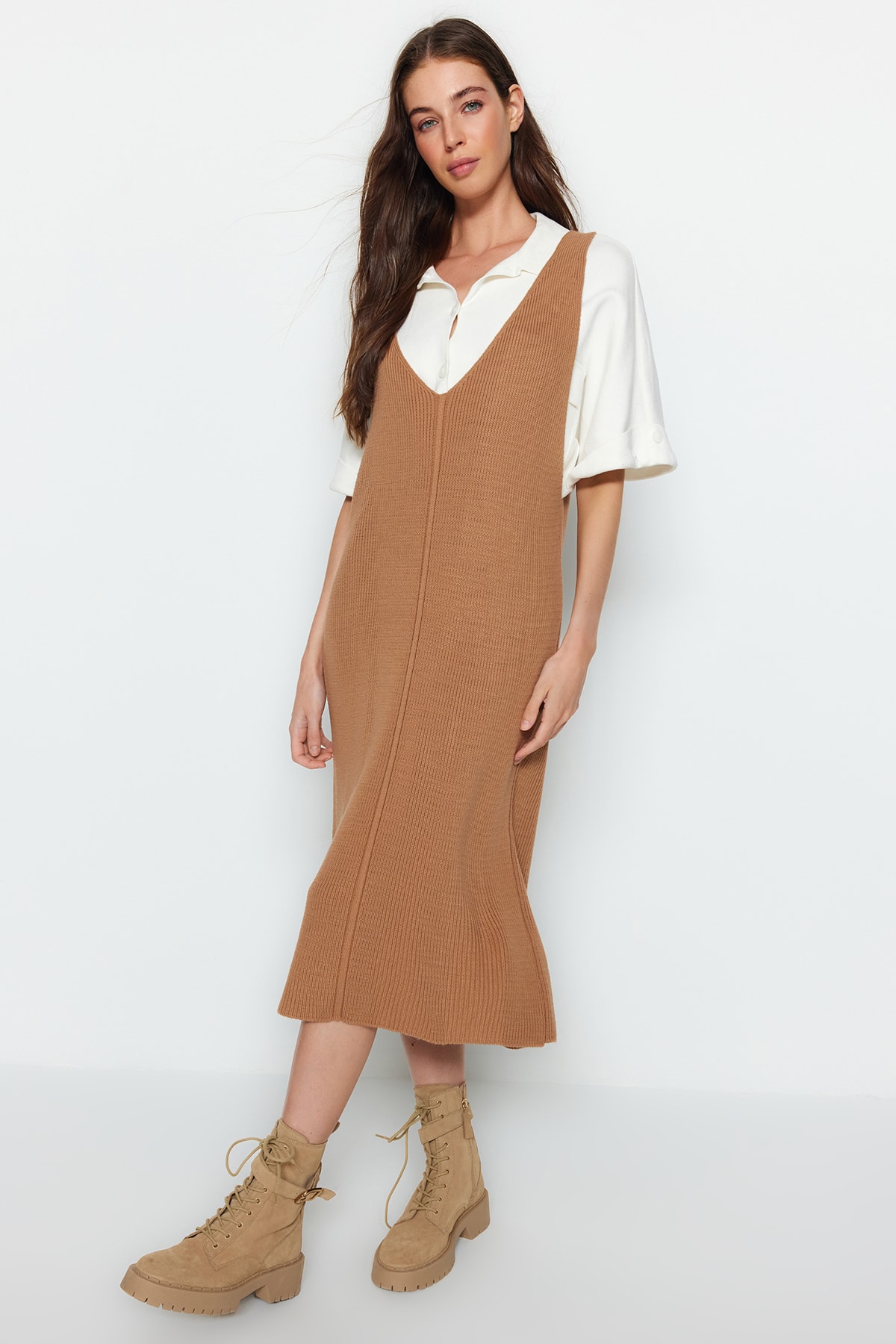 Trendyol Beige Maxi Knitwear V-Neck Gilet Dress