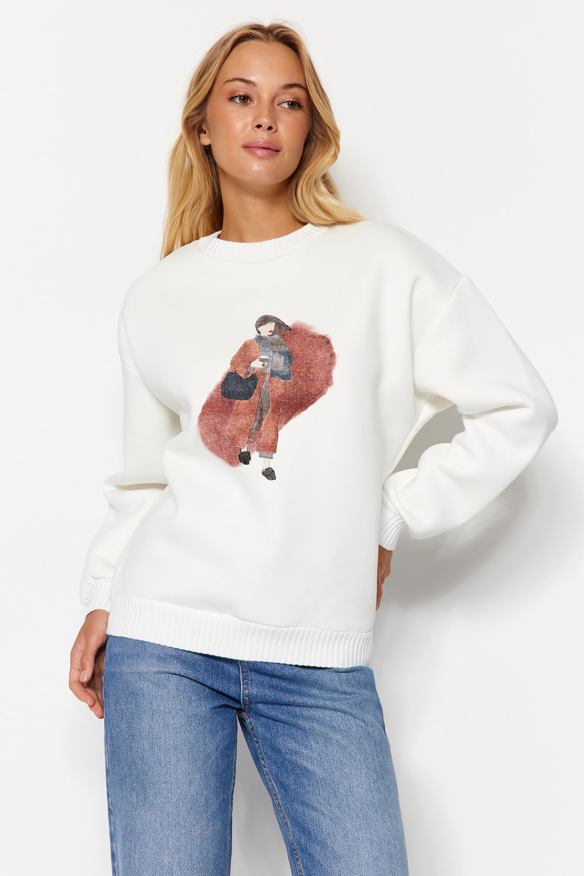 Levně Trendyol Ecru Regular/Regular fit Sweater Detailed Printed Fleece Fleece Knitted Sweatshirt