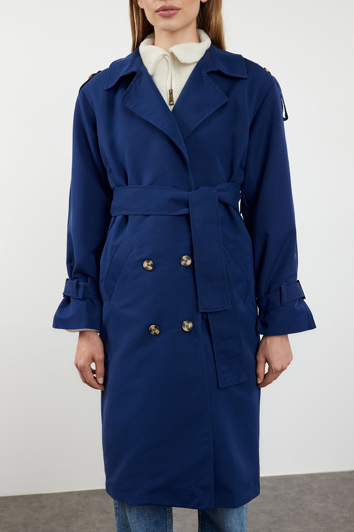 Trendyol Dark Navy Blue Oversize Belted Trench Coat