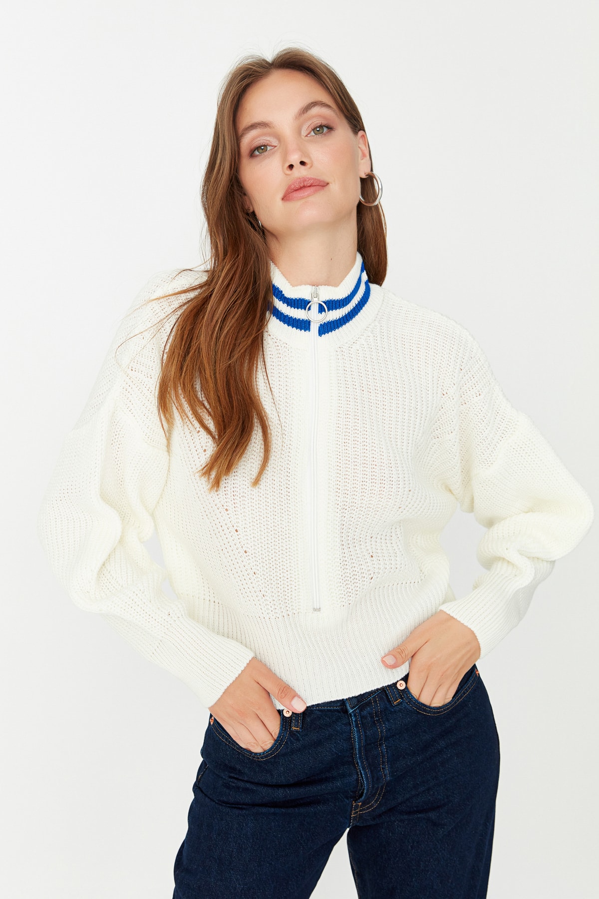 Trendyol Ecru Zip Detailed Knitwear Sweater