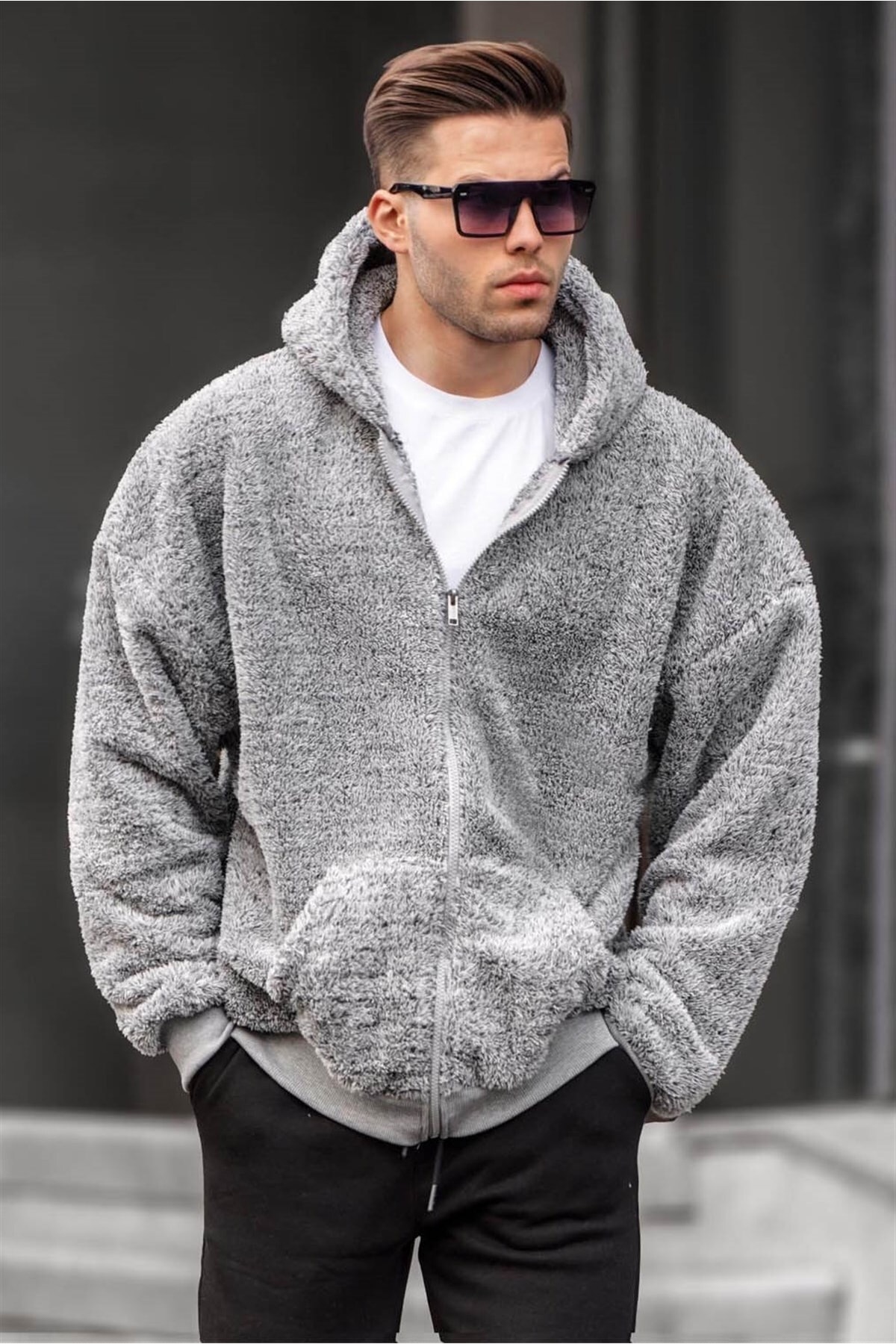 Madmext Gray Plush Men's Over Fit Hoodie and Zipper Sweatshirts 6049