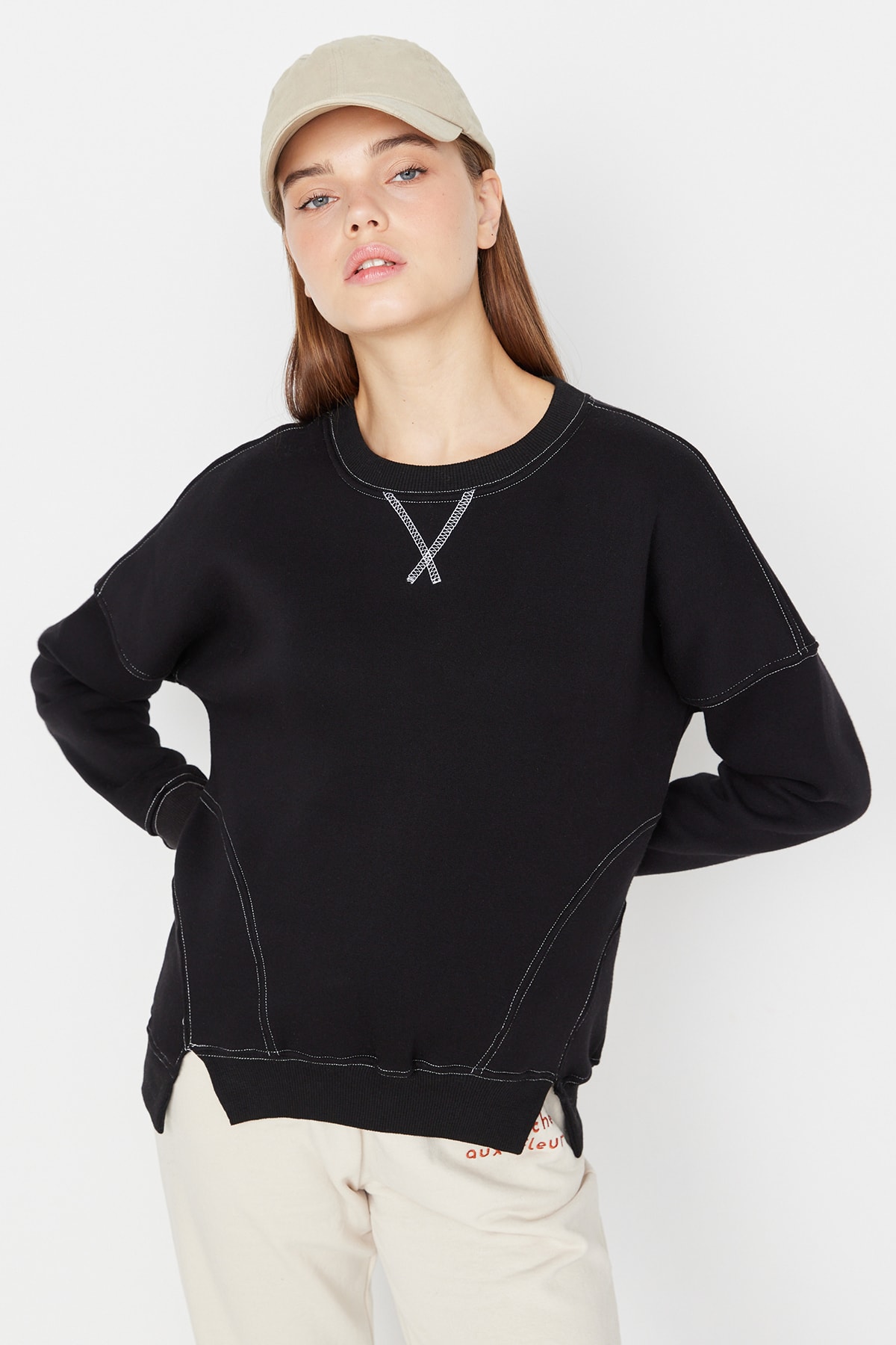 Trendyol Black Stitch Detail Fleece Sports Sweatshirt