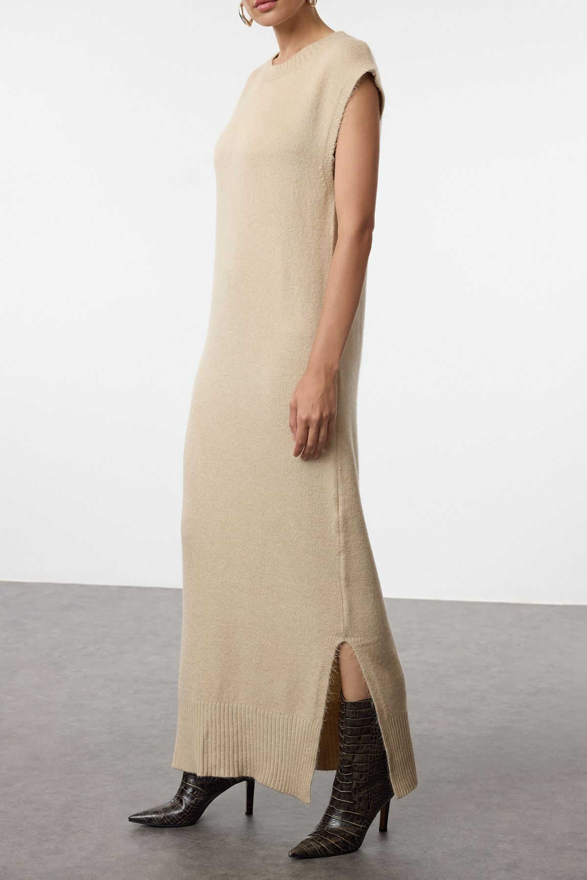 Trendyol Beige Maxi Knitwear Soft Texture Slit Detailed Vest Dress