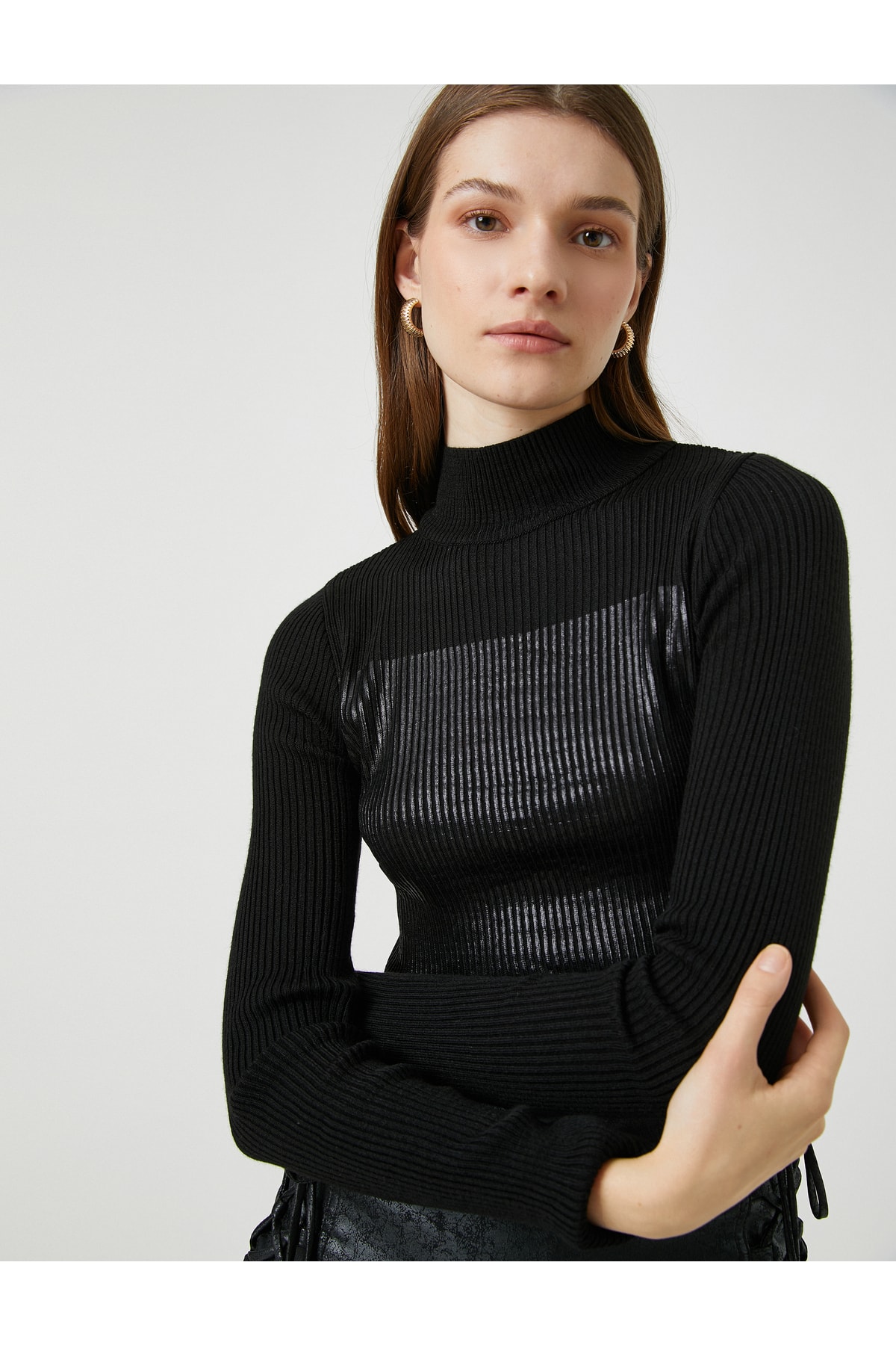 Koton Printed Ribbed Turtleneck Sweater Cashmere Textured