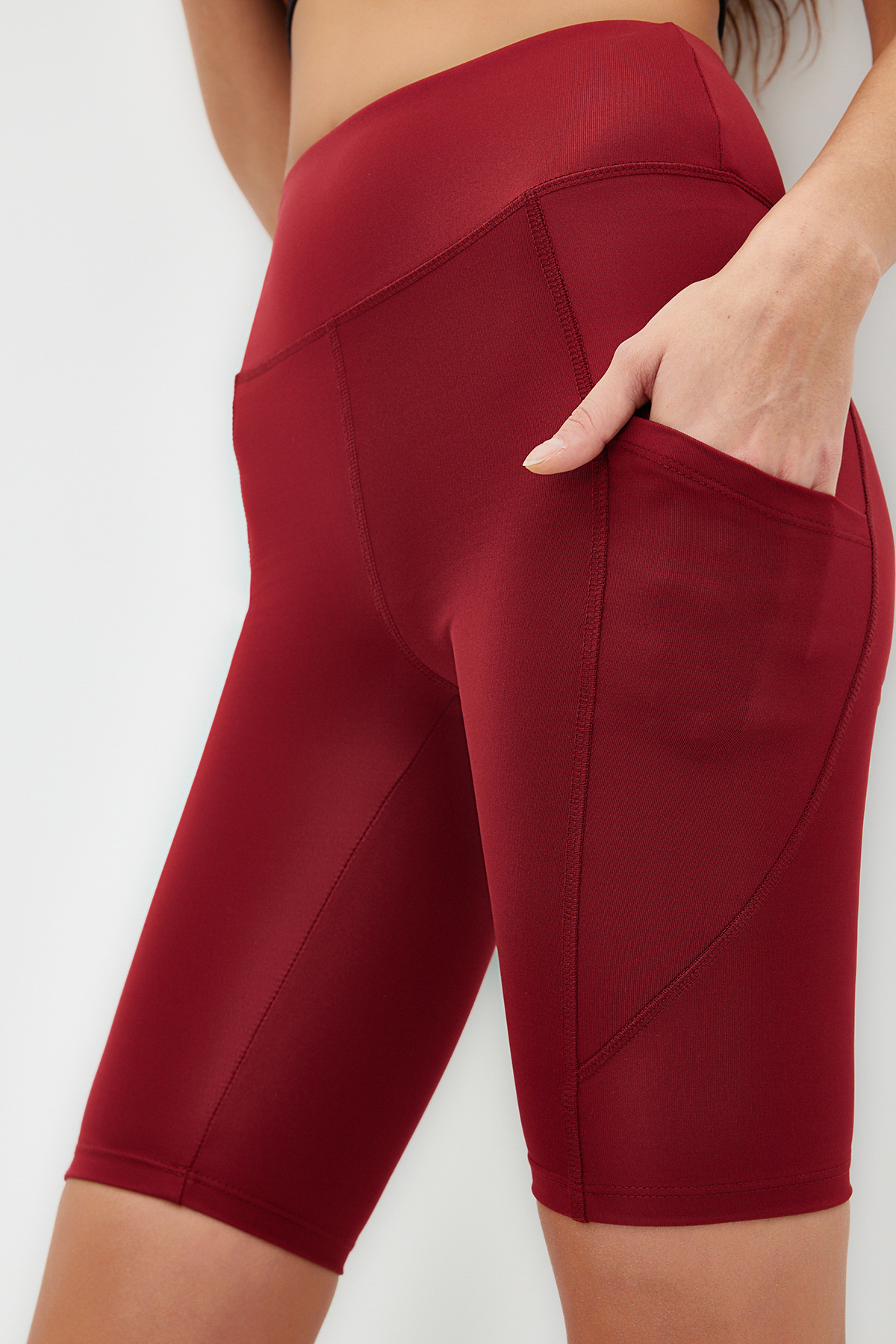 Levně Trendyol Claret Red Recovery High Waist Pocket Detailed Knitted Sports Biker/Cyclist Leggings