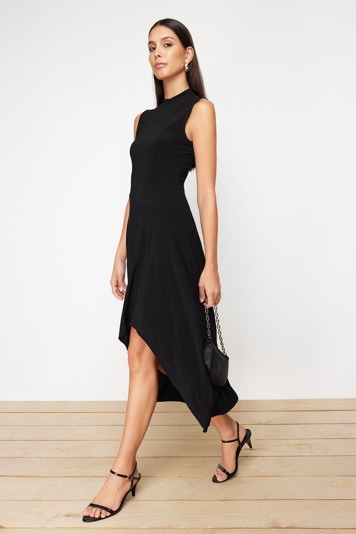 Trendyol Black Asymmetrical High Collar Zero Sleeve Flexible Knitted Midi Dress